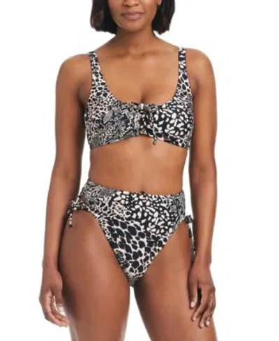 Bar Iii Womens Printed Lace Up Sweetheart Bikini Top Printed High Waisted Lace Up Bottoms Created For Macys In Black