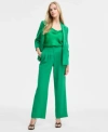 Bar Iii Womens Ruched Sleeve Blazer Satin Cowlneck Top Wide Leg Pants Exclusively At Macys In Green Chili