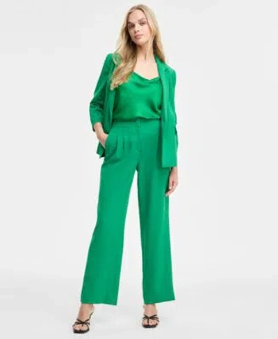 Bar Iii Womens Ruched Sleeve Blazer Satin Cowlneck Top Wide Leg Pants Exclusively At Macys In Green Chili