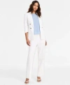 Bar Iii Womens Ruched Sleeve Open Front Linen Blazer Printed Mesh Crewneck Top High Rise Pull On Linen Pants In Blanc