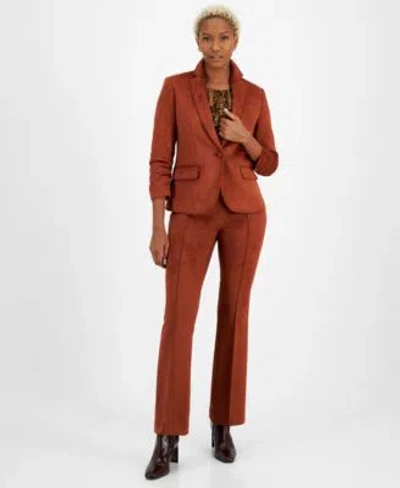 Bar Iii Womens Scuba Faux Suede One Button Blazer Printed Ruffle Neck Long Sleeve Blouse High Rise Pull On F In Pecan