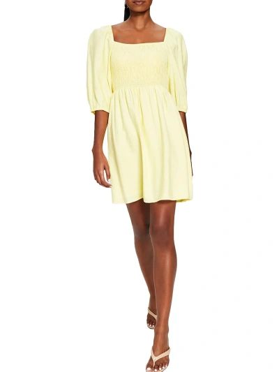 Bar Iii Womens Smocked Square Neckline Fit & Flare Dress In Yellow