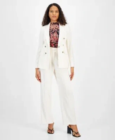 Bar Iii Womens Textured Crepe One Button Blazer Printed Drape Front Sleeveless Top Pleated Extended Tab Mid  In Bar White