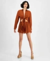 Bar Iii Womens Textured Tie Front Shirt Textured Pull On Shorts Created For Macys In Deep Black