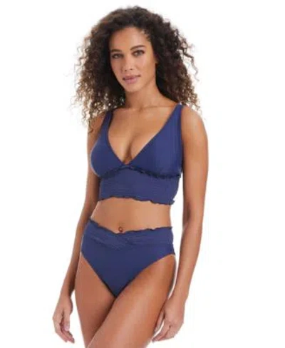 Bar Iii Womens Wave Solids Longline Bikini Top Smocked V Waist High Leg Bikini Bottoms Exclusively At Macys