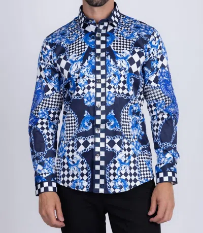 Barabas Baroque Checker Rhinestone Long Sleeve Shirt In Navy In Blue