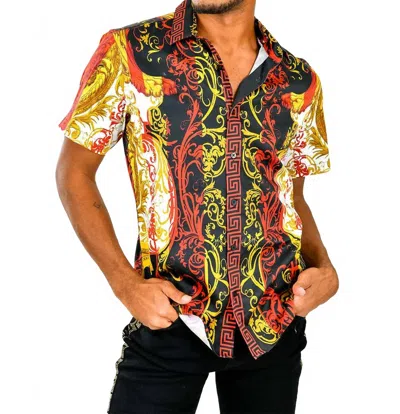 Barabas Baroque Era Rhinestone Short Sleeve Shirt In Red In Multi