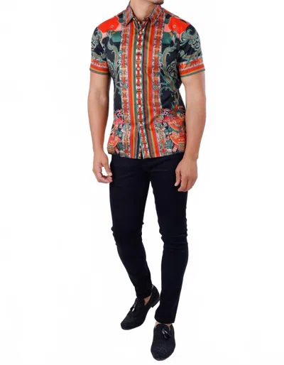 Barabas Flickerkilt Rhinestone Short Sleeve Shirt In Orange In Multi