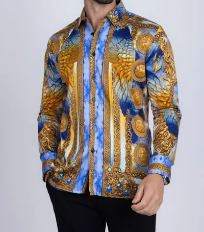 Barabas Striking Look Rhinestone Long Sleeve Shirt In Blue