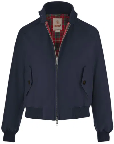 Baracuta Cropped Black Bomber Jacket With Plaid Lining In Blue