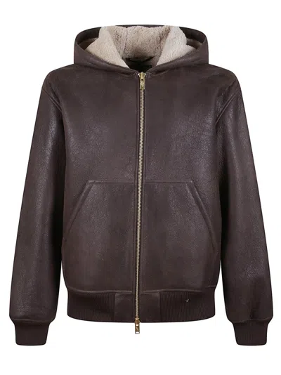Baracuta Dark Brown Lamb Shearling Hoody With Zip Fastening And Kangaroo Pockets