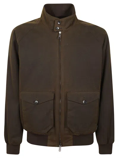 Baracuta Deep Moss Waxed Cotton Jacket With Eco Fur Lining In Brown