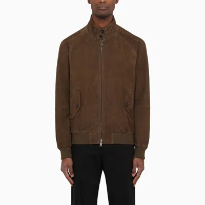 Baracuta Minimalist Brown Suede Jacket With Ribbed Details In Gray