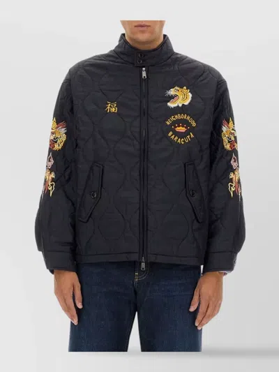 Baracuta Quilted Stand Collar Jacket With Embroidered Accents In Blue