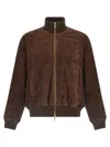 Baracuta Suede Track Jacket With Ribbed Collar And Cuffs In Brown