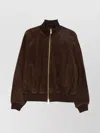 Baracuta Suede Track Jacket With Ribbed Collar And Cuffs In Brown
