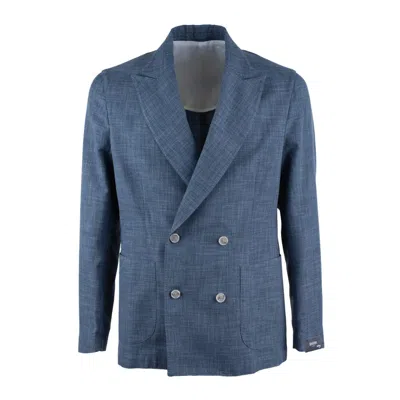 Barba Napoli Barba Blue Double-breasted Blazer In Virgin Wool Cotton Blend