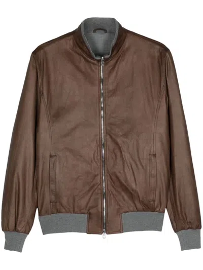 Barba Zipped Leather Bomber Jacket In Brown