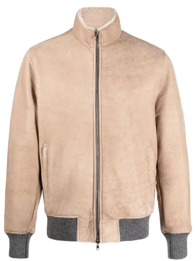 Barba Beige Leather Parka In White