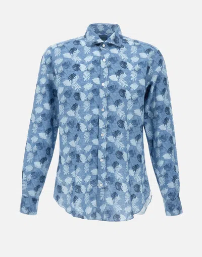 Barba Napoli Barba Cotton Linen Leaf Pattern Shirt In Blue