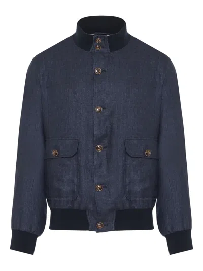 Barba Napoli Button-up Denim Bomber Jacket In Blue