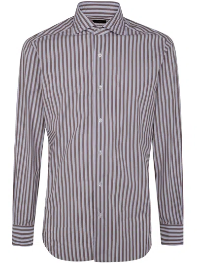 Barba Napoli Classic Double Stripes Shirt In Brown Light Blue