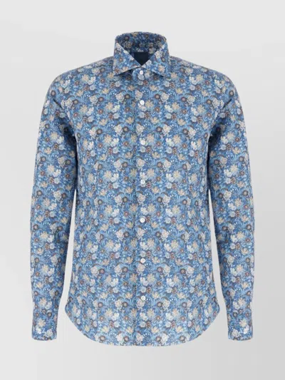 Barba Napoli Cotton Shirt With Floral Pattern And Long Sleeves In Blue