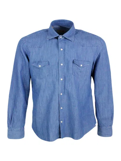 Barba Napoli Dandylife Shirt In Light Denim With Hand-stitched Italian Collar And Front Pocket Counters. The Butt