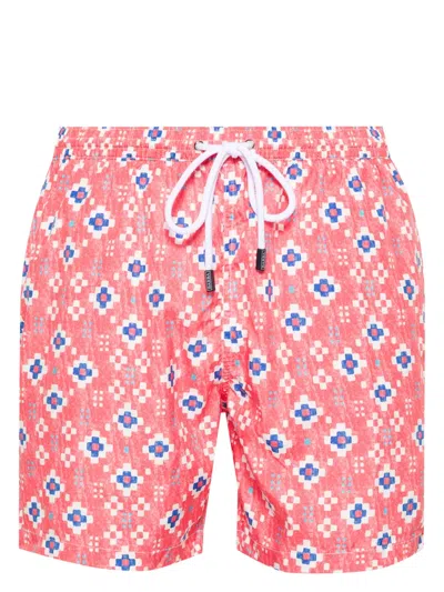 Barba Napoli Geometric-print Swim Shorts In Red