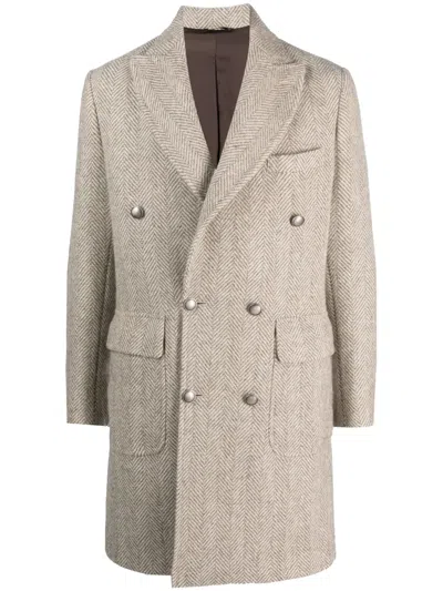 Barba Napoli Herringbone Double-breasted Coat In Neutrals