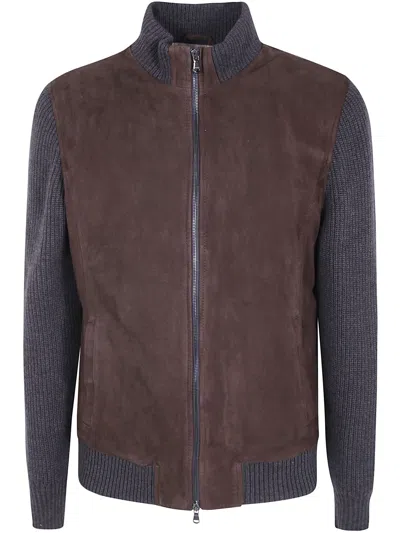Barba Napoli Zippered Patchwork Leather Jacket In Brown