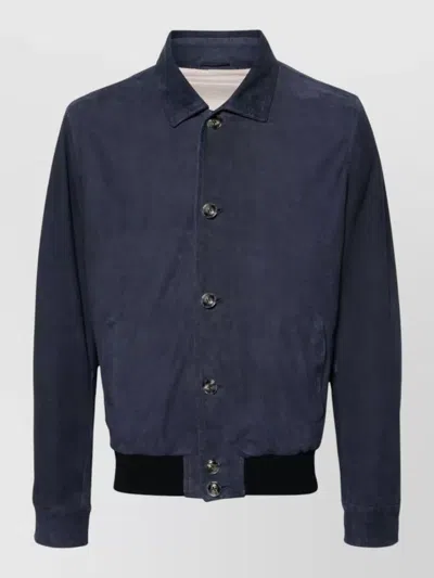 Barba Napoli Leather Bomber Jacket In Blue
