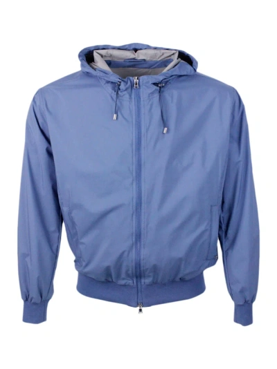 Barba Napoli Lightweight Bomber Jacket In Windproof Technical Fabric With Hood With Integrated Drawstring And Zip In Blu Light