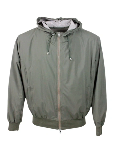 Barba Napoli Lightweight Bomber Jacket In Windproof Technical Fabric With Hood With Zip Closure And Knitted Cuffs In Green