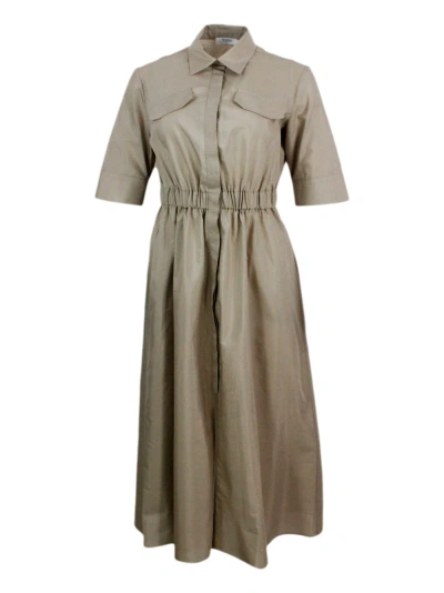 Barba Napoli Long Dress Made Of Cotton With Short Sleeves, With Elastic Waist And Button Closure. Welt Pockets In Beige
