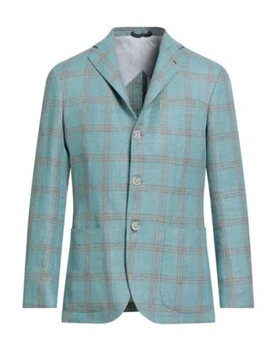 Barba Napoli Man Blazer Turquoise Size 40 Linen, Virgin Wool In Blue