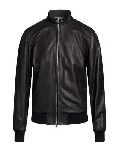 Barba Napoli Man Jacket Midnight Blue Size 46 Leather In Black