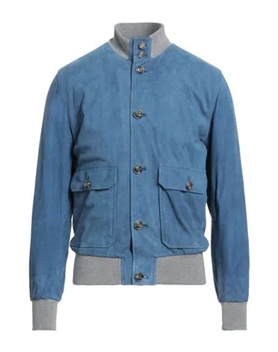 Barba Napoli Man Jacket Slate Blue Size 48 Leather