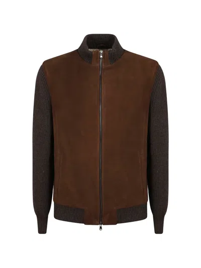 Barba Napoli Panelled Leather Jacket In Brown