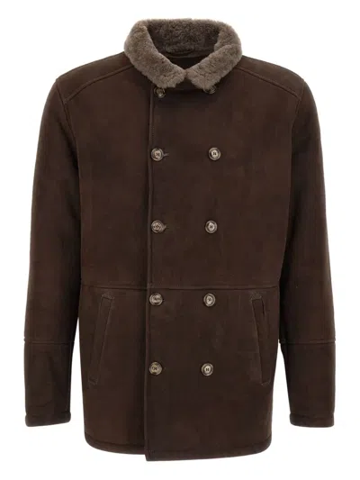 Barba Napoli Shearling-collar Double-breasted Jacket In Brown