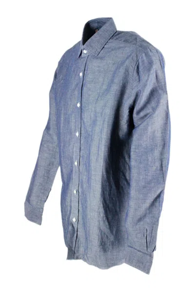 Barba Napoli Man Shirt Slate Blue Size 17 Cotton In Denim