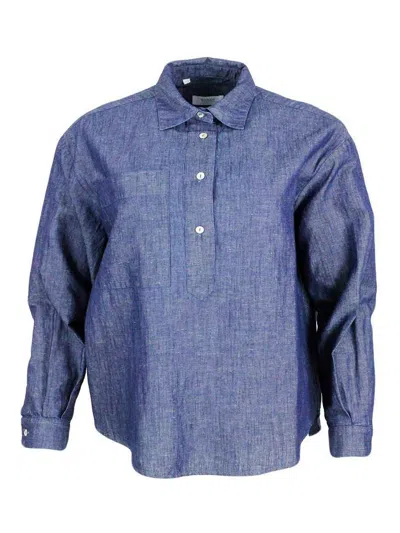 Barba Napoli Lightweight Denim-effect Pull-on Shirt In Linen Cotton With Four Buttons And Chest Pocket In Dark Wash