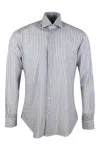 Barba Napoli Long-sleeved Cult Shirt With French Collar With Gray And Blue Stripes On A White Base In Cotton And  In Pattern