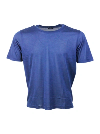 Barba Napoli Short-sleeved Crew-neck T-shirt In 100% Luxury Silk With Vents At The Bottom In Blu