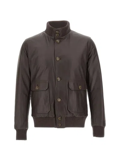Barba Napoli Vermont Ribbed-knit Trim Leather Jacket In Brown
