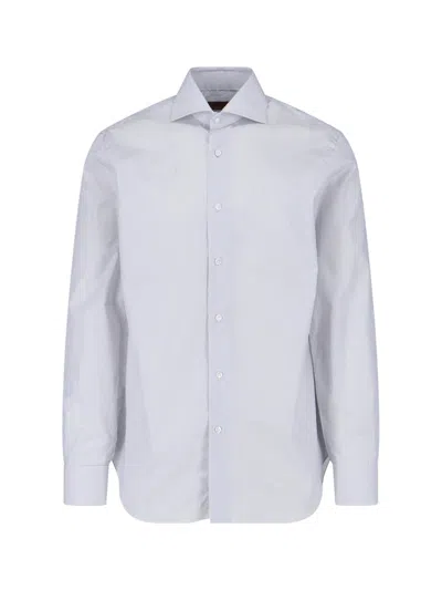 Barba Napoli White Striped Cotton Classic Collar Shirt