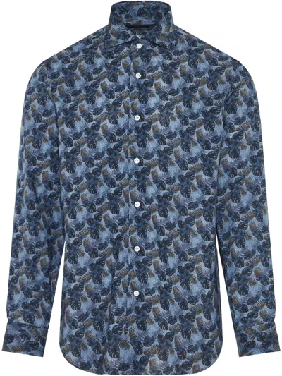 Barba Napoli Floral Pattern Linen Blend Shirt In Blue