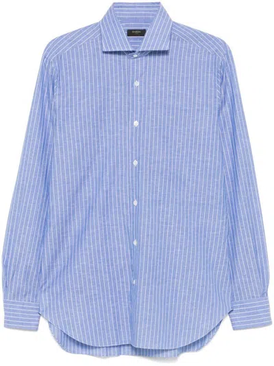 Barba Napoli Barba White And Light Blue Striped Shirt In Cotton And Linen In Blu A Righe