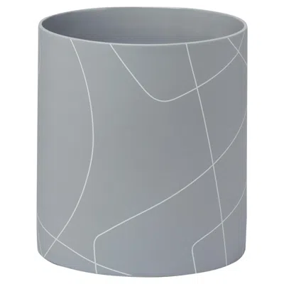 Pre-owned Barbara Barry Large Medium Grey Cylinder Ceramic Vase With Graphic Line Pattern In Gray