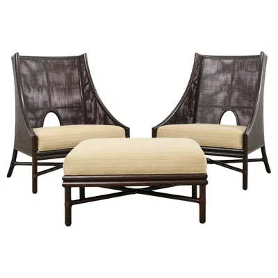 Pre-owned Barbara Barry Pair Of  For Mcguire Caned Lounge Chairs And Ottoman In Black